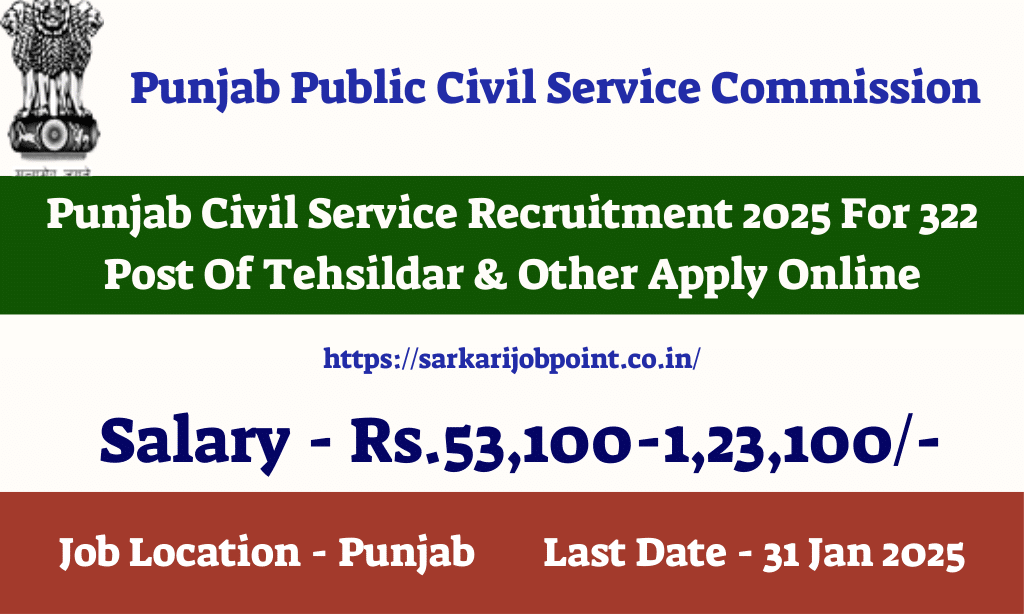 Punjab Civil Service Recruitment 2025 For 322 Post Of Tehsildar & Other Apply Online